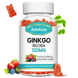 Ginkgo Biloba Gummies for Women and Men, Brain Supplement Improve Better Mood and Focus, Vegan Mixed Berry Flavor 60 Count