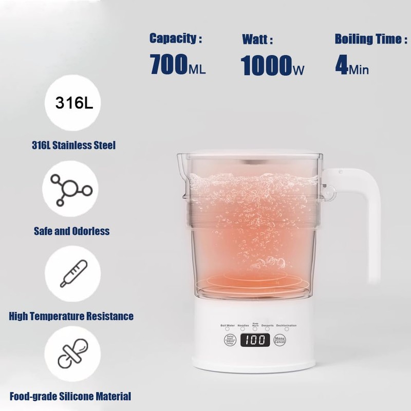 Foldable Travel Kettle, Small, Smart Camping Kettle, 0.7 L Portable
