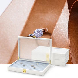 Oirlv White 12 Gird Luxury Leather Jewelry Organizer Tray with Clear Lid Lockable Jewelry Box Bangle Holder Box for Women Girls (Blue Interior) 12 Grid