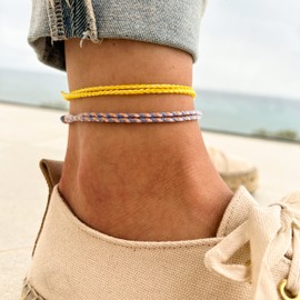2x Boho Surfer Anklet Unisex - Ankle Bracelet Set of 2 Women & Men - Handmade Beach Jewellery & Festival Accessories - Waterproof & Adjustable - Thin String Rope Anklet - U (Lilac & Lemon)