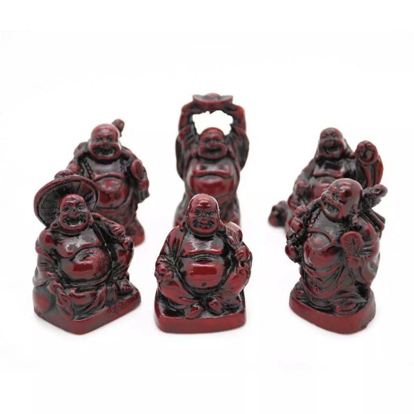 SET OF 6 HAPPY BUDDHA STATUES 2" Red Color Resin