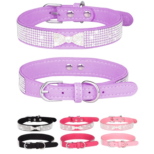 Dog Collar for Small Dogs, Adjustable Leather Suede Bling Dog