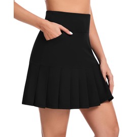 Soneven Women Knee Length Tennis Skort with Pockets High Waisted Long Athletic Golf Skirt Ruffle Pleated Dressy Casual Summer (Black,M)