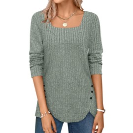 Womens Sweaters Fall 2024 Square Neck Tops for Women Sweatshirts for Women Loose Fit Womens Basic Tops Green XL
