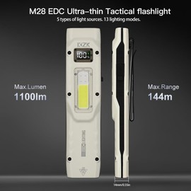 EDC Tactical Flashlight, Flat Flashlights Rechargeable,Dual-Switches LED Small Flashlight with Digital Display,Stainless Steel 13 Modes Pocket Flash Light for Home, Camping,and Emergency Use(Beige)