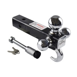 TOPTOW 64180L Trailer Receiver Hitch Triple Ball Mount with Hook, Fits for 2 inch Receiver, Chrome Balls, 2 inch Shank, with 5/8 inch Lock