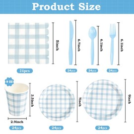 168Pcs Gingham Party Supplies for 24 Guests Thick Paper Plates and Napkins Knives Spoons Forks Cups Disposable Party Set Cutlery for Dinner Baby Shower Wedding Favor
