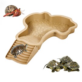 Large Turtle Bathing Pool with External Ramp - 11.2"x13.8"x1.7" Dual Use Reptile Soaking Dish, Water & Food Bowl, Basking Platform for Aquatic/Semi-Aquatic Turtles, Box Turtles (Yellow Brown)