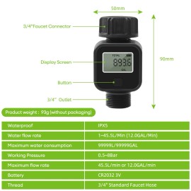 Unbranded Digital Water Flow Meter 3/4" Hose Water Meter Consumption With Quick Connectors