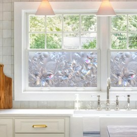 BlissYard Rainbow Window Film Sliver Flowers Glass Decorations 39.3×17.7 Inchs Removable Static Cling Stickers Home Decor Privacy Film for Living Room Office and Bathroom PVC Flora Glass Decorations