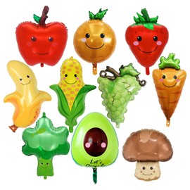 10 Pcs Fruit Balloons and Vegetable Balloons - Large Apple Orange Strawberry Grape Mushroom Banana Avocado Corn Carrot Broccoli Mylar Foil Balloons, Fruit Theme Birthday Party Decorations Supplies