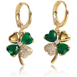 VALGRE Green Four Leaf Clover Ring Earrings, Women's, Popular, Hypoallergenic Zirconia Accessories, Swinging Earrings