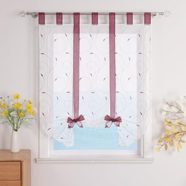ESLIR Roman blind with loops, Roman curtains, kitchen tie curtain, transparent loop blind, curtains with embroidery, modern voile, berry, 120 x 140 cm, 1 piece