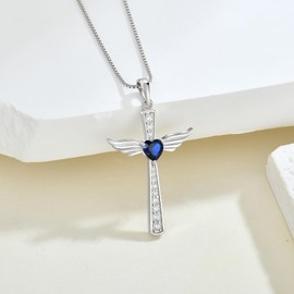 FYNSBLE Cross Necklace for Women Sterling Silver Angel Wings Pendant Necklace Religious Crucifix Necklace Christian Pendant Heart Sapphire September Birthstone Necklace Jewelry for Women