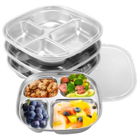 4 Pcs Stainless Steel Kids Plates with Lids, BPA Free Toddler Divided Bento Snack Food Containers Feeding Supplies for Toddlers Kids Babies