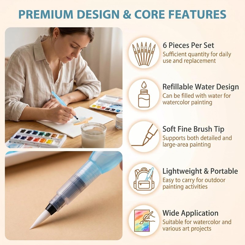6 Pcs Refillable Watercolor Brush Pens