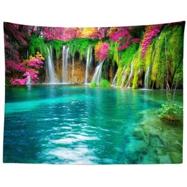 BELECO Forest Lake Tapestry Wall Hanging Picturesque Waterfall Tapestry Blooming Flowers Photo Backdrop Flowing Water Green Scenery Nature Tapestry Bedroom Living Room Dorm Decor