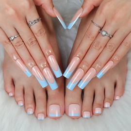 BABALAL Square Press on Nails Long & Press on Toenails Set - Blue French Tip Fake Toe Nails Press Art Tips Glue on Nails Supplies, Summer False Toe Nails with Design Natural Nails 48Pcs DIY Nail Kit