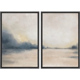 MUDECOR Framed Canvas Print Wall Art Set Gray & Tan Grunge Pastel Watercolor Landscape Abstract Shapes Illustrations Modern Art Decorative Boho for Living Room, Bedroom, Office - 24"x36"x2 Black