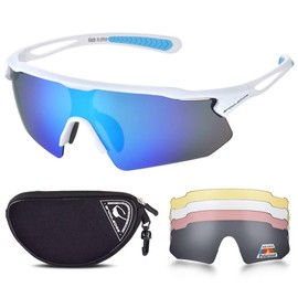 Cycling Glasses with 5 Interchangeable Lenses and TR90 Frame, UV400 Sports Sunglasses for Men Women Cycling Climbing Fishing Driving (White-Revo Blue, 502(5 Lenses))