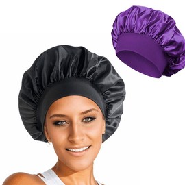Satin Hat Sleep Silk Round Fabric Protect Hair Comfort Hair Night Anti-frizz Sleeping Hat Four Seasons Breathability Sleep Cap:_Black+Purple