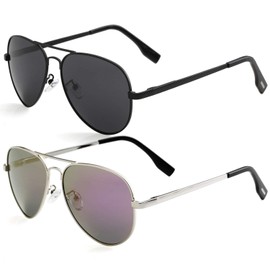 Kursan Kids Small Polarized Aviator Sunglasses for Boys Girls Age 4-18, 100% UV400 Protection, 52MM ((2 Pack) Black Frame Black Lens/Silver Frame Purple Mirrored)