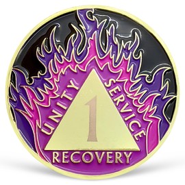 Purple Flames Sobriety Coin 1 Year AA Chip Recovery Medallion for AA NA 12 Step Clean & Sober Gifts for Men Women Alcoholics Anonymous Gifts Celebrating Addiction Recovery