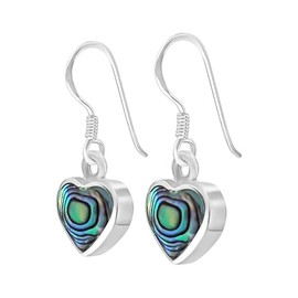 Silverly Sterling Silver Abalone Shell Heart Earrings - Fashionable Dangle Earrings for Women - Boho Birthstone Jewellery - Valentine's Day Gift for Her - Romantic Blue-Green Gemstone Design