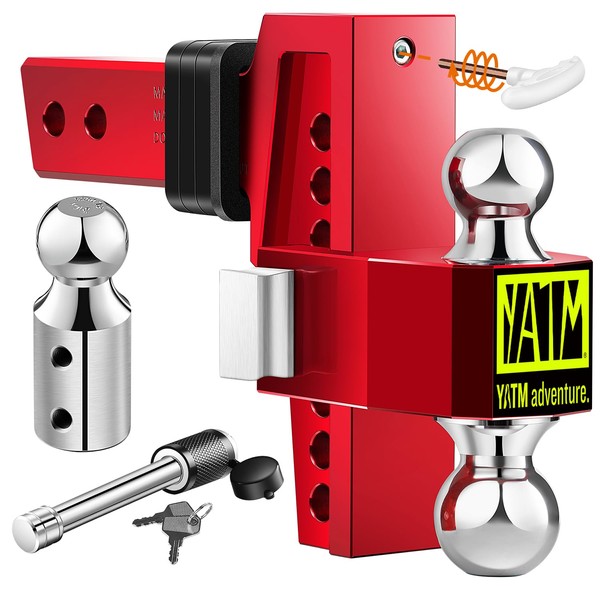 YATM Adjustable Hitches Fits 2.5" Receiver,6”Drop/Rise,Replaces Tri Balls (1-7/8", 2", 2-5/16"), Keyed of Dual Pin Key Locks, Aluminum Trailer Hitches with GTW 18,500LBS,Ultra Quiet,Red,532506