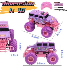Ethbirsge 1:16 Scale RC Cars - All-Terrain Off-Road Monster Truck & Hummer, 2.4GHz Remote Control Vehicle Toys for Girls Ages 6-12 (Pink/Purple) | Box Included