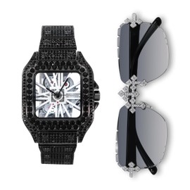 Men’s Iced-Out Triple Cross Set – Frameless Sunglasses & 40mm Iced Square Watch, Bold Hip-Hop Fashion, Ideal Gift for Him - Black Finish