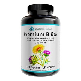 Premium Blüte – 120 vegane Kapseln mit Löwenzahn-Mariendistel-Artischocke-Brennnessel Komplex, Cholinbitartrat, Mangan, Chrom, Zink, Vitamin B6 – made in Deutschland