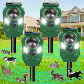 Ultrasonic Animal Repeller Outdoor,Cat Repellent & Deterrent with PIR Sensor & Flashing Light,Solar Powered Deer Repellent Device for Squirrels,Raccoons,Skunks,Rabbits,and Dog,IP65 Waterproof - 4 Pack