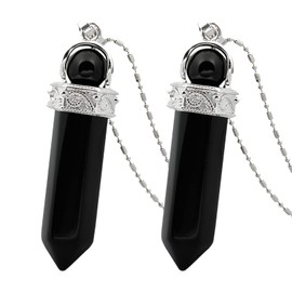 TUMBEELLUWA Crystal Point Necklace Hexagonal Prism Stone Pendant with Chain Healing Jewelry Pack of 2,Black Agate