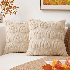 Kevin Textile Fall Pillow Covers 18x18 Inch Set of 2 Soft Pumpkins Decorative Square Pillowcases Plush Autumn Faux Fur Cushions Harvest Gift for Couch Sofa Chair Bedroom Home Decor, Beige