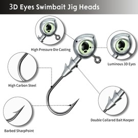 FishTrip 10 Pack Fishing Eyes Jigs 3D Eyes Trout Heads Bass Hook Saltwater Swimbait Jig Heads Freshwater Walleye Striper Walleye Striper 1/8oz 3/16oz 1/4oz 3/8oz