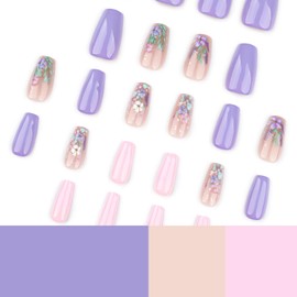 24 Pcs Spring Floral Press on Nails Medium Long Fake Nails with Glue 3D Flower Nail Art Design Reusable Glue-less False Nails Kit Purple Pink Full Cover Artificial Acrylic Nails Press ons for Women