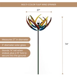 Bits and Pieces Tulip Wind Spinners Outdoor Solar Lighted Metal Wind Spinner, Large Kinetic Garden Sculptures, Crackle Glass Light, Multi-Colored Garden Decor