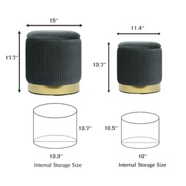 YYW HOME Round Storage Ottoman Set of 2, Velvet Storage Ottoman for Living Room, Round Storage Ottoman, Ottoman Chair, Gold Ottoman with Storage, Accent Chair, Modern Ottoman (Gray)