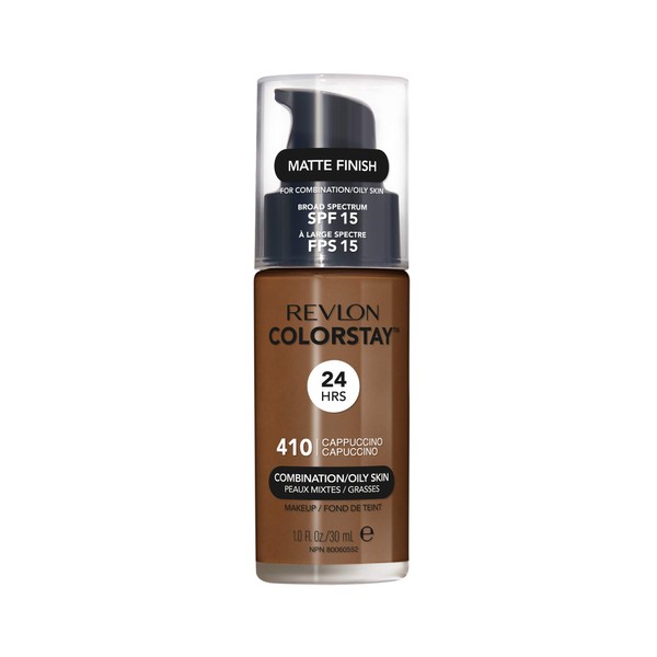 Revlon ColorStay Liquid Foundation Makeup for Combination/Oily Skin SPF 15, Longwear Medium-Full Coverage with Matte Finish, Cappuccino (410), 1.0 oz