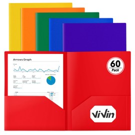 ViVin Plastic Folders with Pockets, 60 Pack, Sturdy 2-Pocket Folders, Plastic File Folder with Pockets, fits 8.5 * 11 Letter Size Paper, for Home School and Office (Assorted Color)