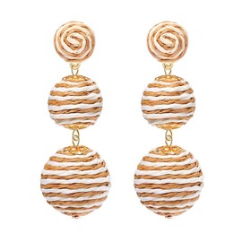Boho Raffia Ball Long Earrings Multicolor Handmade Dangle Drop Earrings Bohemian Summer Beach Rattan Earrings-Brown+White