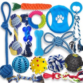 Beiker Puppy Teething Chew Toys - 15 Pack Durable Small Dog Toys for Puppies, Dog Rope Chew Toys Bundle for Boredom, Interactive Squeaky Treat Dispensing Ball, Funny Flyer, Non-Toxic & Safe