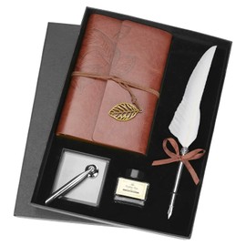 Feather Quill Pen Set, Retro Leather Notebook Feather Dip Pen Ink Bottle Set, Stationery Gift Box, with 1 Feather Dip Pen, 1 Notebook, 1 Pen Tip Base, 1 Ink Bottle (without Ink) (White)