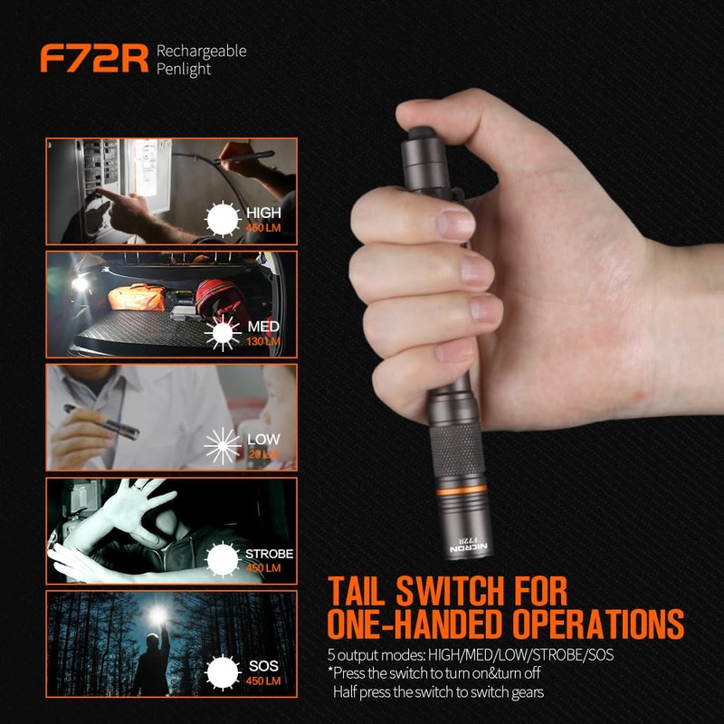 NICRON F72R Pen Light, Pocket Flashlight with Clip,5 Modes 450