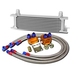 Auto Dynasty Universal Silver Aluminum 10-Row Engine Oil Cooler + Oil Filter Relocation Kit