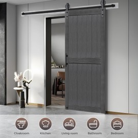 S&Z TOPHAND® 36in x 84in MDF Deep Gray Barn Door with 6.6FT Sliding Door Hardware Kit, 24-60in Solid Barn Door Slab Covered with Water-Proof PVC Surface, Simple Assembly is Required(Big Wheel)