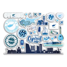 A5 Sticker Sheet Cyprus Blue Landmarks Vinyl Stickers - Cypriot Map Airport Stamp Skyline Flag Travel Holiday Country City Aesthetic #80424
