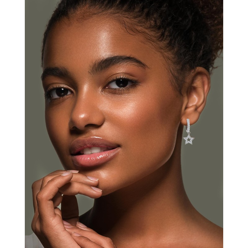 Desnuage Silver CZ Hollow Star Huggie Hoop Earrings for Women