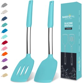 BakeRoyal Silicone Spatula Set - Turner Spatulas Silicone Heat Resistant 600°F - Slotted & Solid Spatula for Cooking Fish, Eggs, Pancakes Flipper – Spatulas for kitchen use – Aqua
